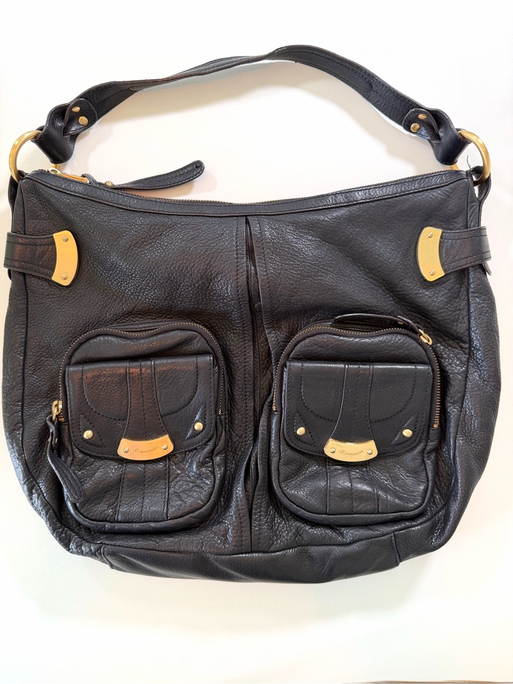 B Makowsky Black Pebbled Leather Slouchy Hobo Bag Gold Cargo Pocket Purse